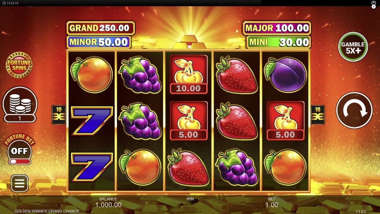 Golden Winner Grand Chance Slot Review – Inspired Gaming Golden Winner Grand Chance slot game reels showing fruit symbols and jackpot values by Inspired Gaming