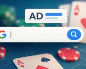 Google search bar with AD label overlaid on casino poker chips and playing cards representing online gambling advertising