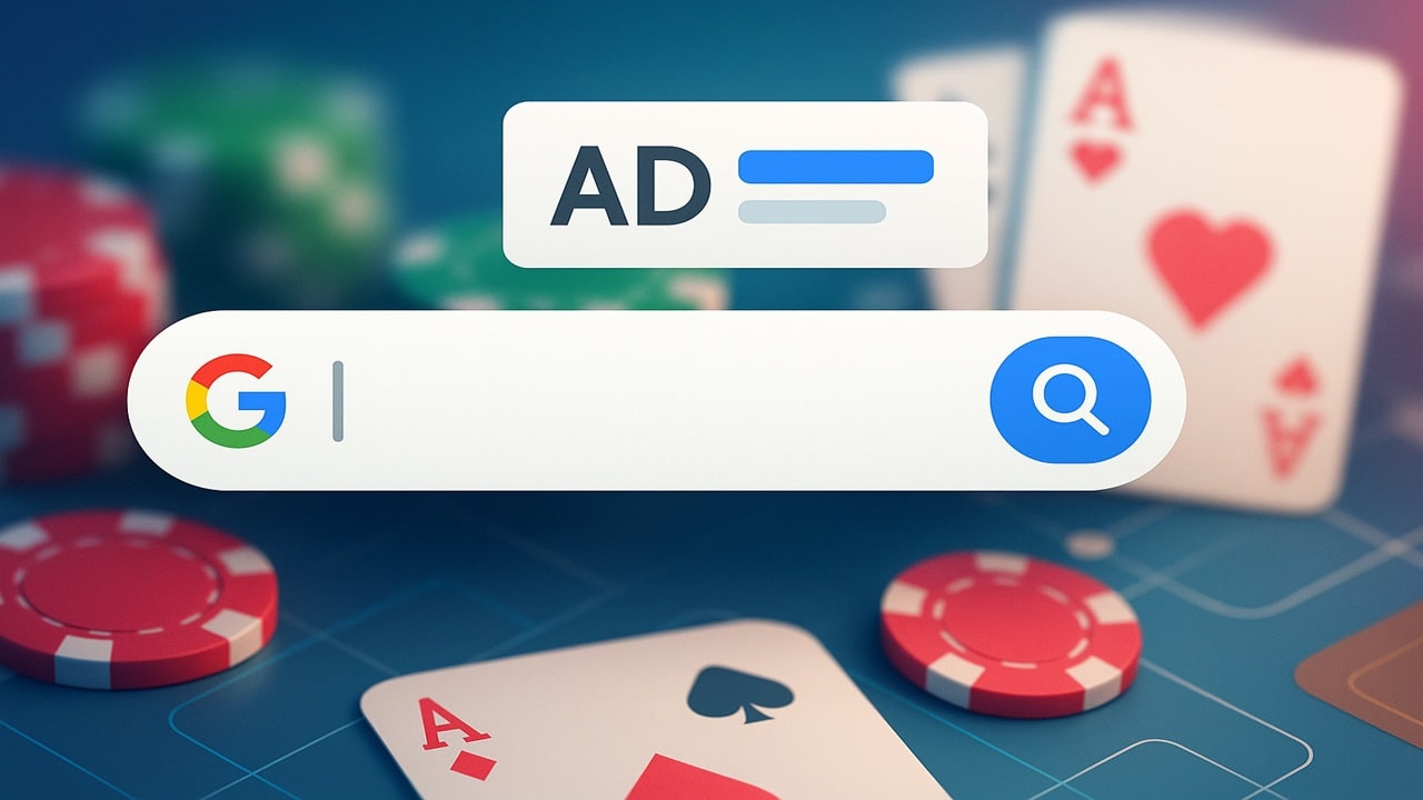 Google search bar with AD label overlaid on casino poker chips and playing cards representing online gambling advertising