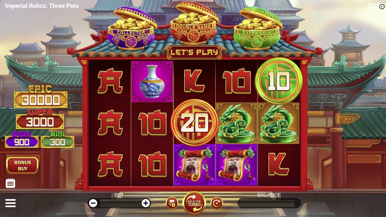 Imperial Relics: Three Pots Slot Review 2024 | Evoplay Online Casino Game : Imperial Relics: Three Pots slot review 2024 - Evoplay online slot game featuring three pot bonus features, dragon symbols, and Asian temple theme with multipliers