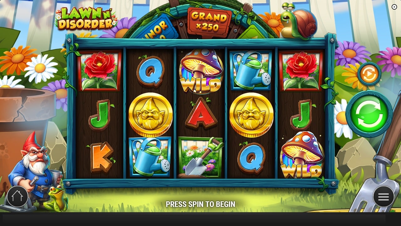 Lawn Disorder online slot game reels showing garden-themed symbols including roses, watering can, mushroom Wild, and gnome character with Grand x250 jackpot