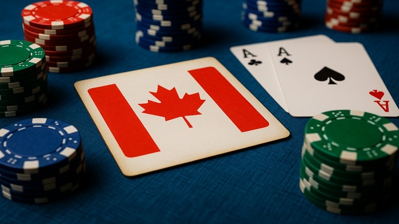 Canadian Online Poker Expansion - Ontario Joins Multi-State Gaming Agreement with US Poker chips and Canadian flag card symbolizing Ontario online poker players connecting with US states network