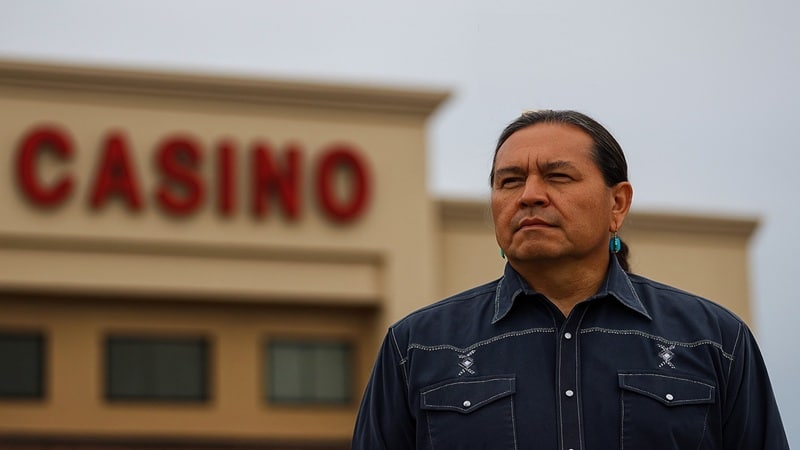 Indigenous leader standing in front of casino building representing Ontario First Nation legal dispute over casino revenue agreements