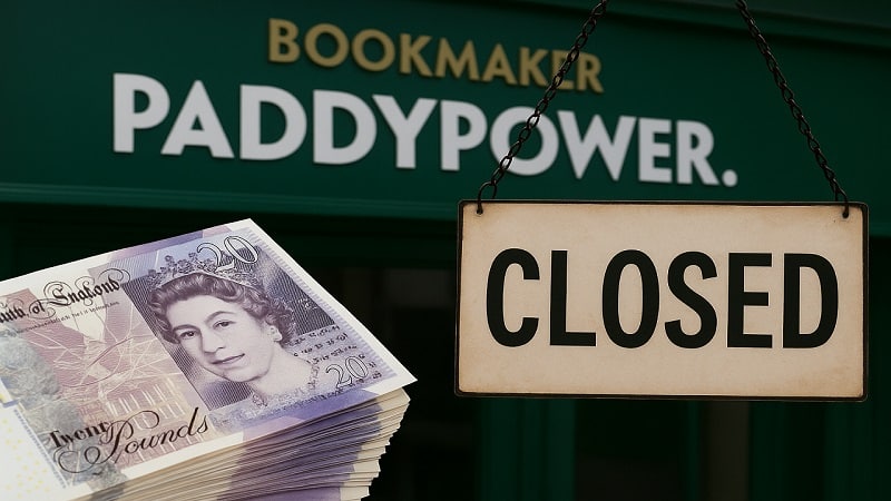 Paddy Power Store Closure A Paddy Power betting shop exterior with a closed sign displayed, symbolizing upcoming store closures.