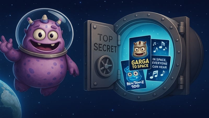 Garga character from Play'n GO's Reactoonz 100 beside opened digital asset vault showing Garga to Space campaign merchandise