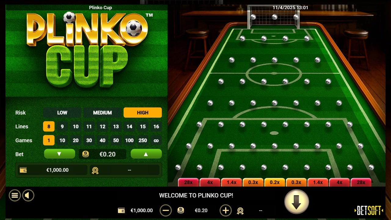 Plinko Cup by Betsoft online casino game showing plinko board with multiplier values and betting interface