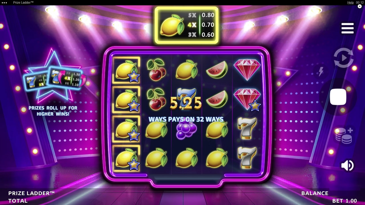 Prize Ladder Slot – Northern Lights Gaming Prize Ladder slot by Northern Lights Gaming - retro fruit theme with neon arcade styling, 5x25 ways pays feature, prize ladder multipliers, classic symbols including lemons, cherries, diamonds, new 2024 release
