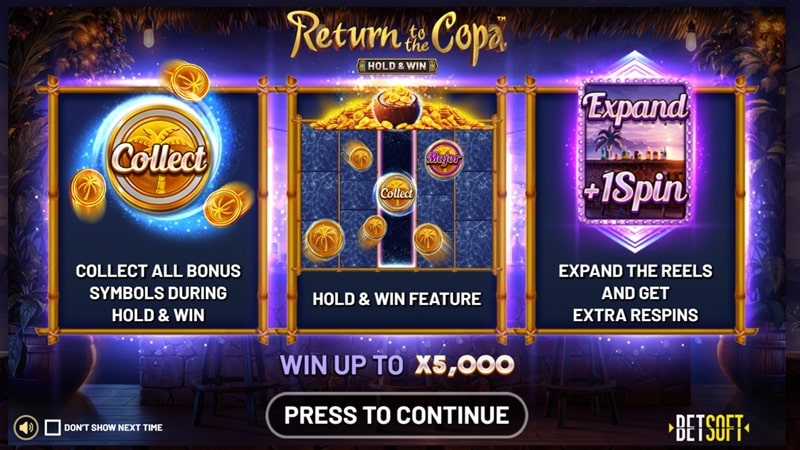Return to the Copa Hold Win slot bonus features - Collect, Hold & Win, and Expand mechanics with 5000x max payout