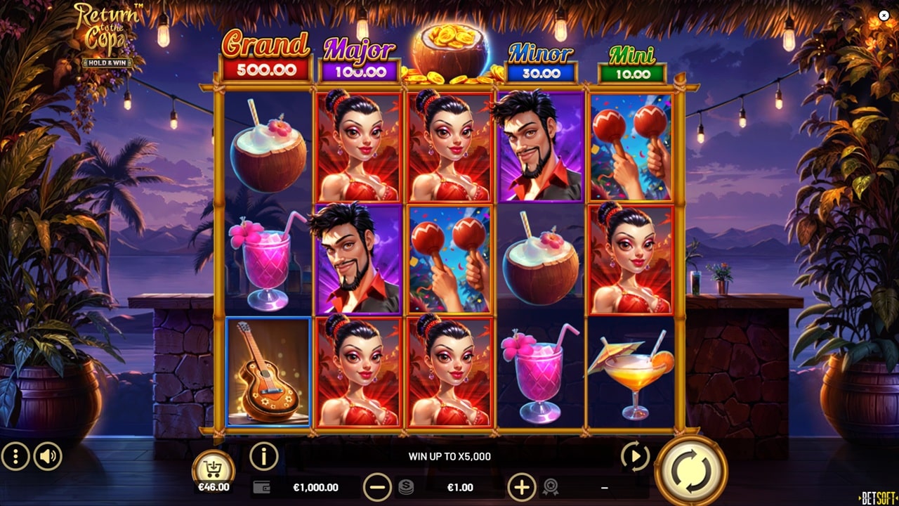 Screenshot of Return to Copa online slot showing tropical cabana theme with character symbols, cocktail icons, and jackpot meters displaying Grand, Major, Minor, and Mini prizes