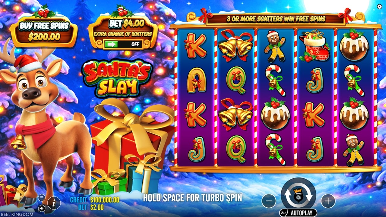 Santa’s Slay Slot Review – Reel Kingdom Gameplay Santa's Slay online slot gameplay featuring Christmas symbols including bells, pudding, and candy canes by Reel Kingdom