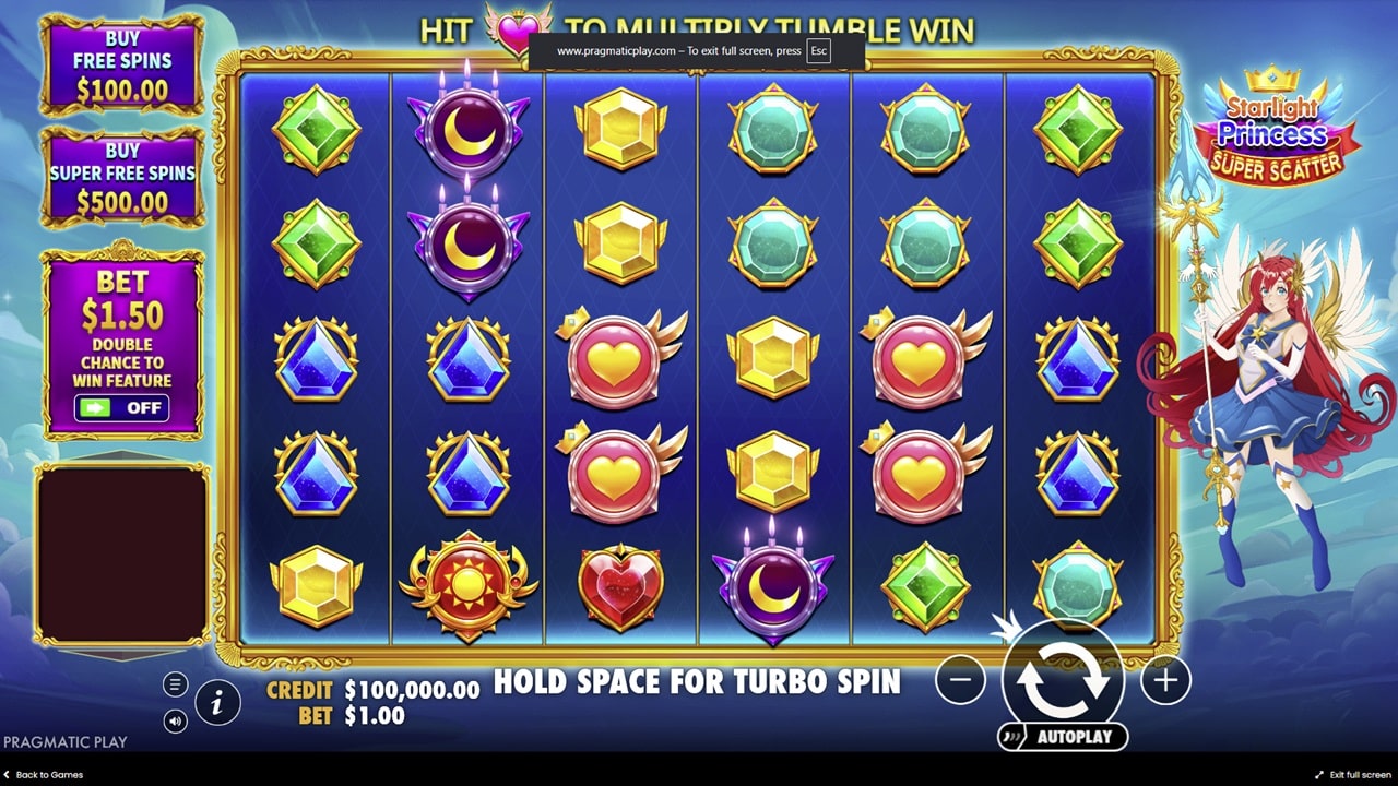 Starlight Princess online slot screenshot showing game reels with gem symbols and anime princess character