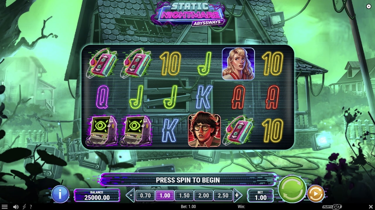 Static Nightmare Abyssways online slot screenshot showing horror-themed reels with character symbols and playing cards