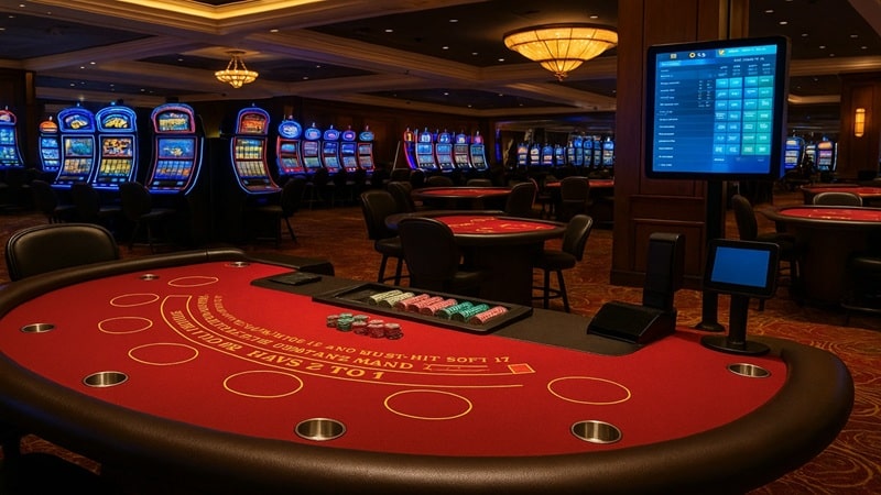 UK Casino Gaming Floor - £300M Industry Modernization Faces Tax Threat Modern UK casino interior with gaming tables and slot machines highlighting industry investment amid tax increase concerns