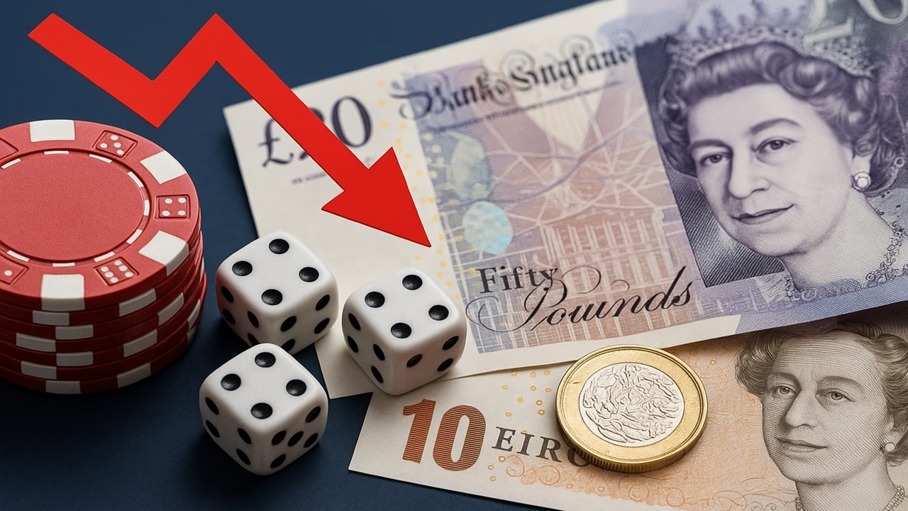 UK currency and gambling equipment with declining arrow representing 40% remote gaming duty tax increase