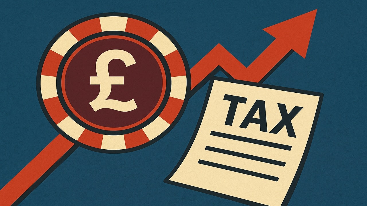 Magnifying glass examining British pound symbol with tax document and rising arrow graph illustrating increase in UK tax investigations