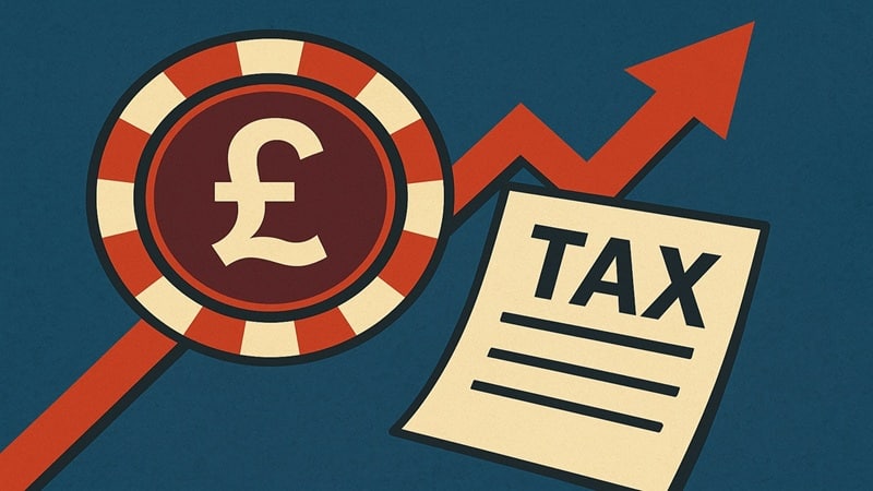 Magnifying glass examining British pound symbol with tax document and rising arrow graph illustrating increase in UK tax investigations