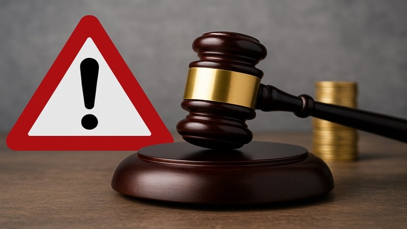 A judge’s gavel beside a warning symbol representing the UKGC’s £10 million fine issued to Platinum Gaming, operator of Unibet, in 2025.