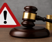A judge’s gavel beside a warning symbol representing the UKGC’s £10 million fine issued to Platinum Gaming, operator of Unibet, in 2025.