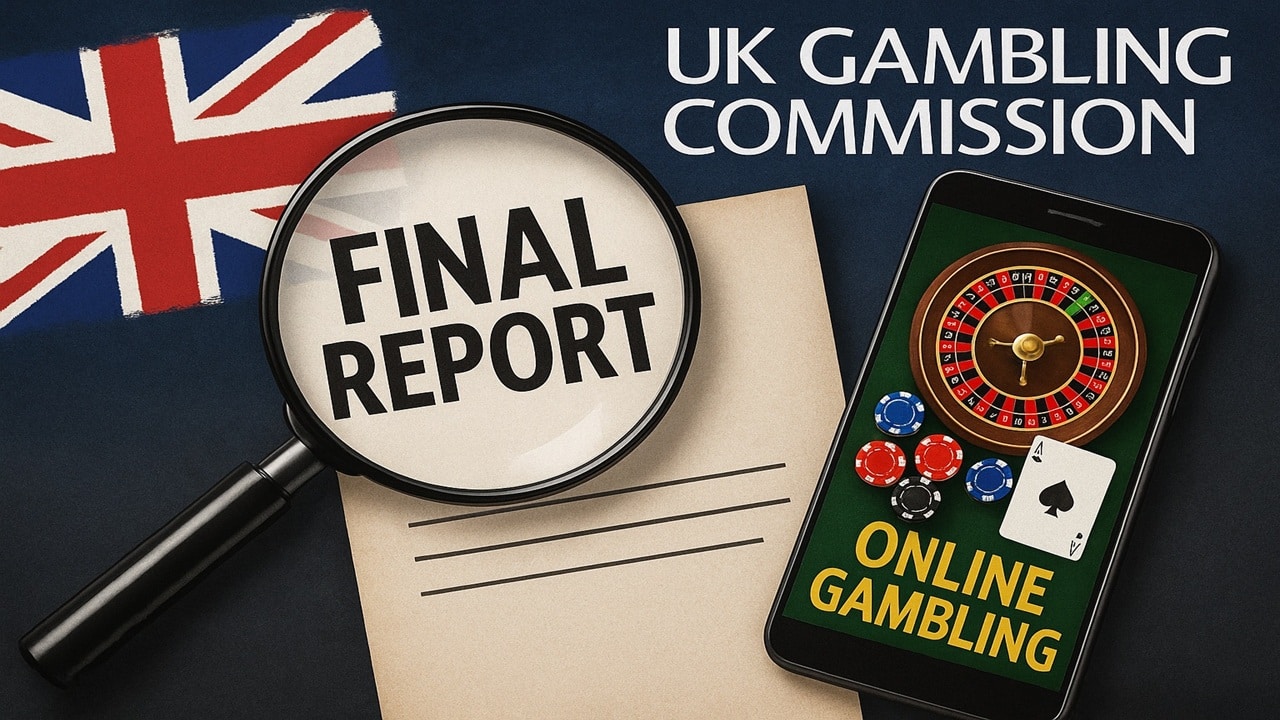 UK Gambling Commission final report on offshore online gambling market with magnifying glass, document, and smartphone displaying roulette