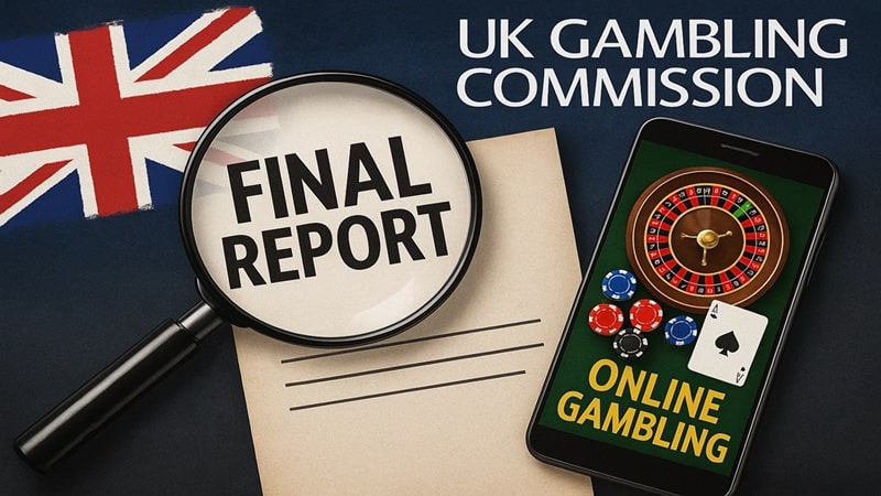 UKGC final report examining offshore gambling market size and disruption methods with Union Jack flag background