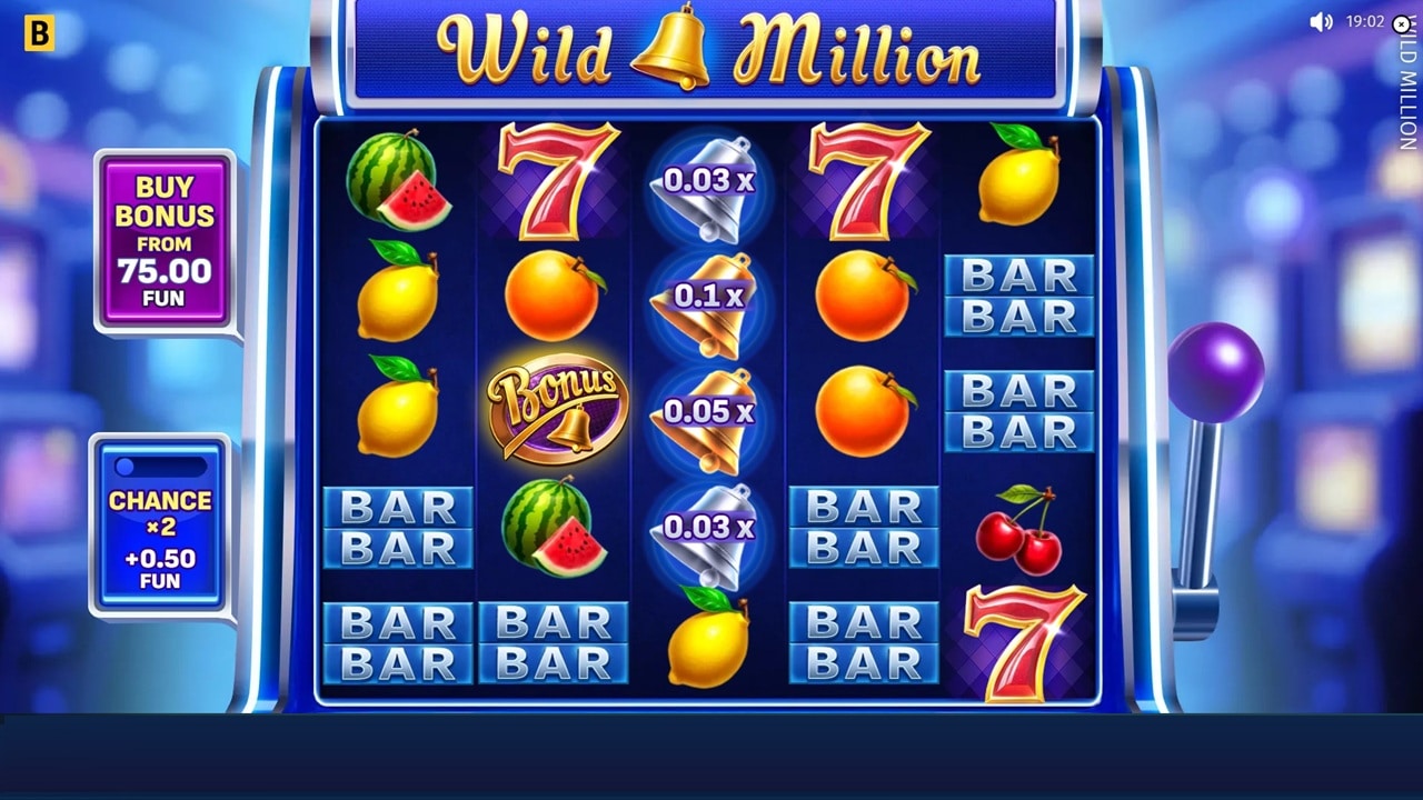 Wild Million Slot Review – BGaming Gameplay Wild Million online slot gameplay screenshot showing reels with fruit symbols, lucky sevens, and BAR symbols by BGaming