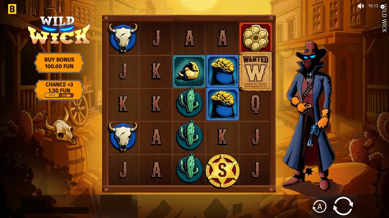 Wild Wick slot machine gameplay screenshot featuring bonus features and Wild West theme symbols