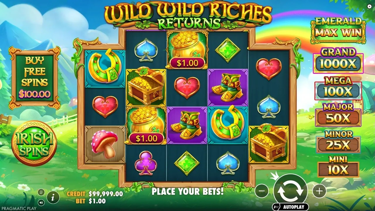 Wild Wild Riches Returns online slot game reels showing Irish luck theme with treasure chests, horseshoes and rainbow backdrop - Pragmatic Play