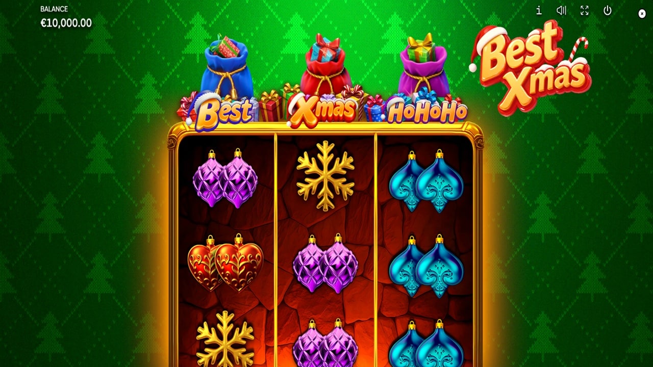 Best Xmas Slot Game | Endorphina – Weekly Review Best Xmas slot game screenshot showing festive ornament symbols and gift sacks on 3x3 reels - Endorphina