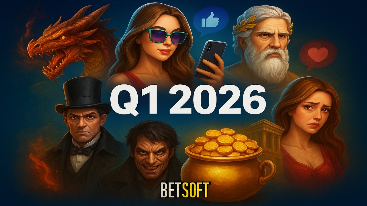 Illustration featuring characters and themes from Betsoft’s Q1 2026 slot roadmap, including dragons, influencers, Greek gods, Dr. Jekyll & Mr. Hyde, and jackpot imagery.