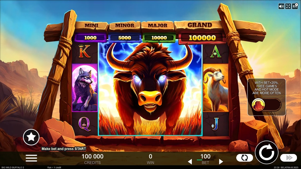 Big Wild Buffalo 2 Slot Game | Belatra – Weekly Review Big Wild Buffalo 2 slot game screenshot showing mega buffalo symbol, four-tier jackpot display, animal symbols, and Hot Mode feature - Belatra