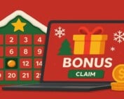 Christmas advent calendar and online casino bonus imagery with festive gifts and holiday icons.