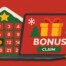 Christmas advent calendar and online casino bonus imagery with festive gifts and holiday icons.