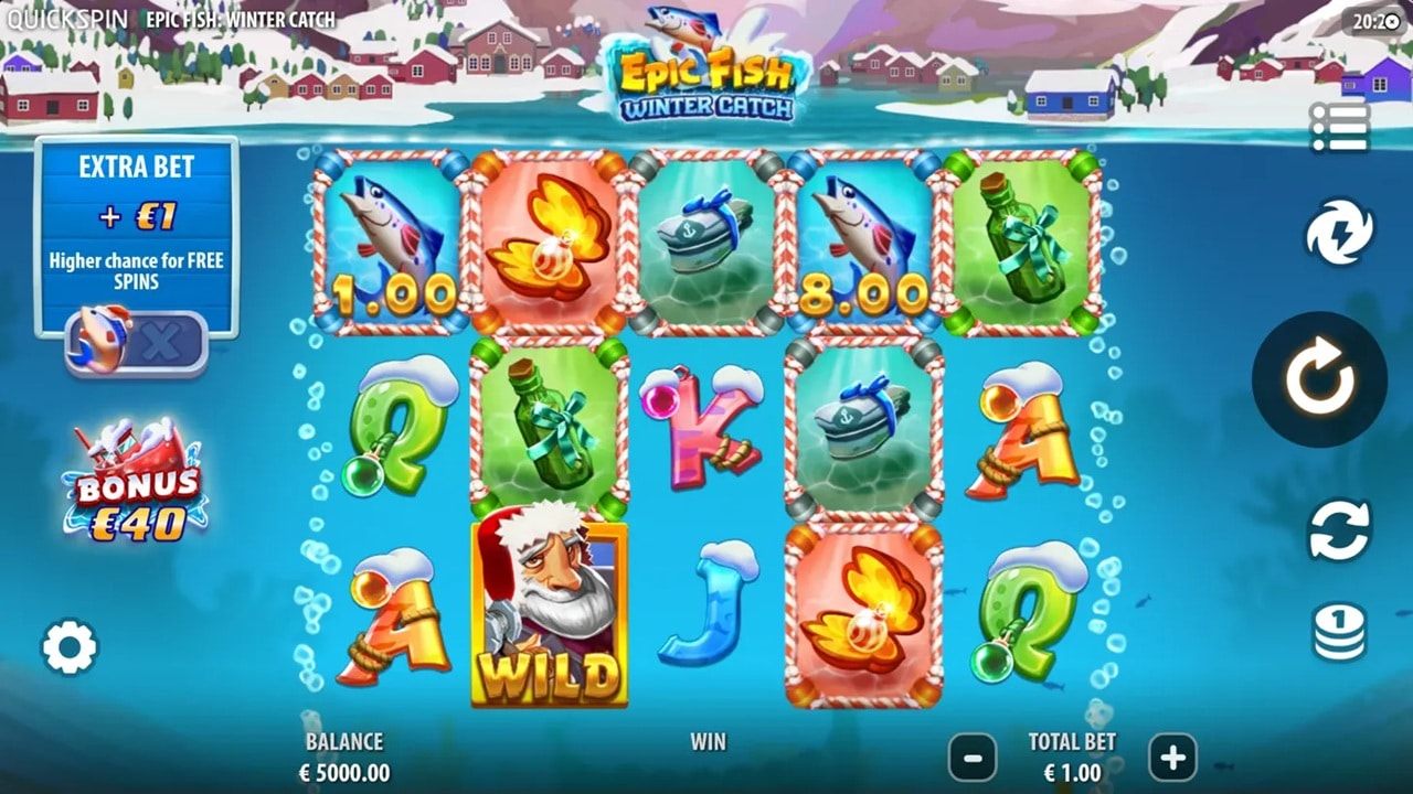 Epic Fish: Winter Catch Slot Game | Quickspin – Weekly Review Epic Fish: Winter Catch slot game screenshot showing candy cane-framed reels, Wild Santa symbol, fish symbols with multipliers, and Extra Bet feature - Quickspin