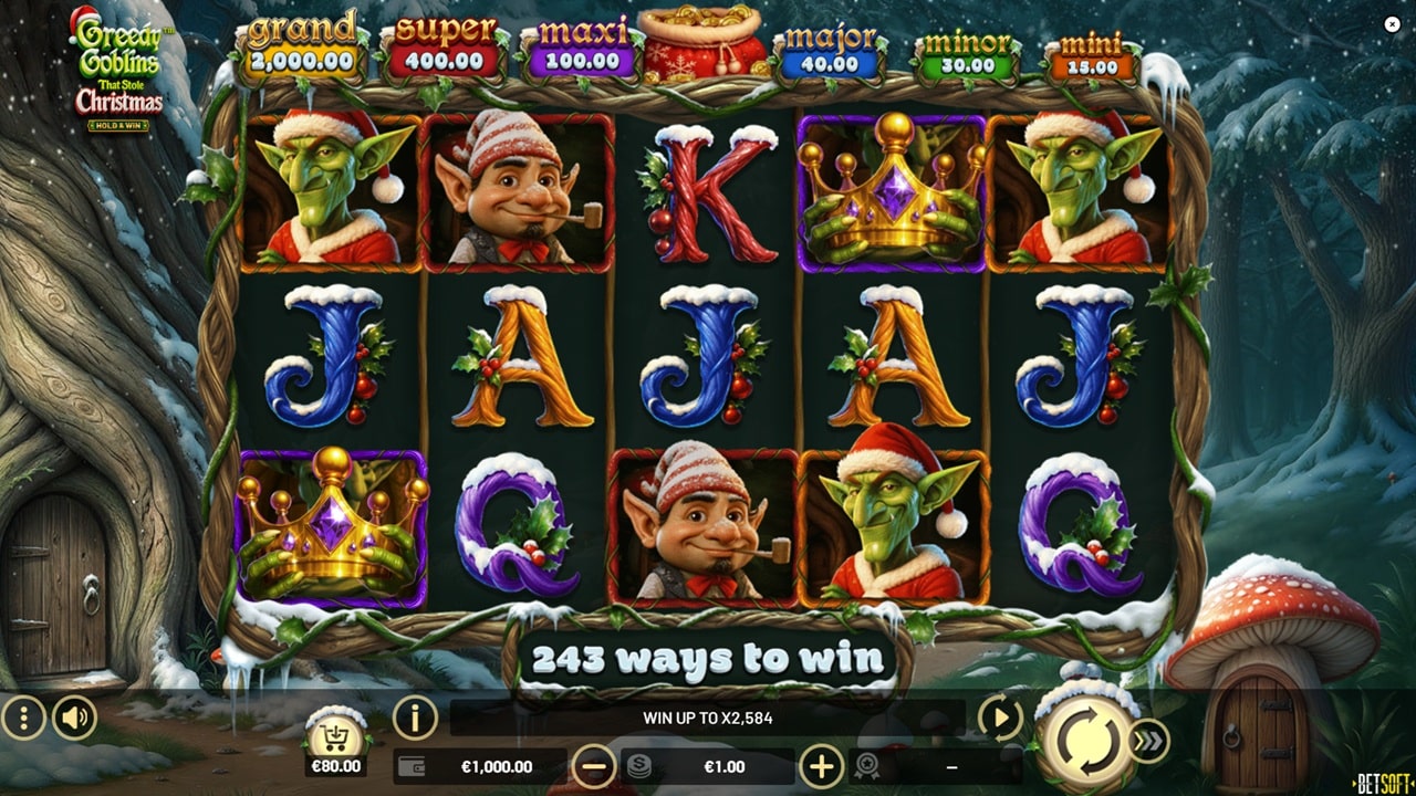 Greedy Goblins Plus Deluxe Christmas Slot Game | Betsoft – Weekly Review Greedy Goblins That Stole Christmas slot game screenshot showing festive reels with jackpot prizes, elf and goblin characters, and 243 ways to win - Betsoft