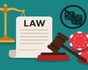 Illustration showing legal symbols, gambling chips, and a crossed-out dice icon, representing Odisha’s decision to remove jail terms for gambling offences.