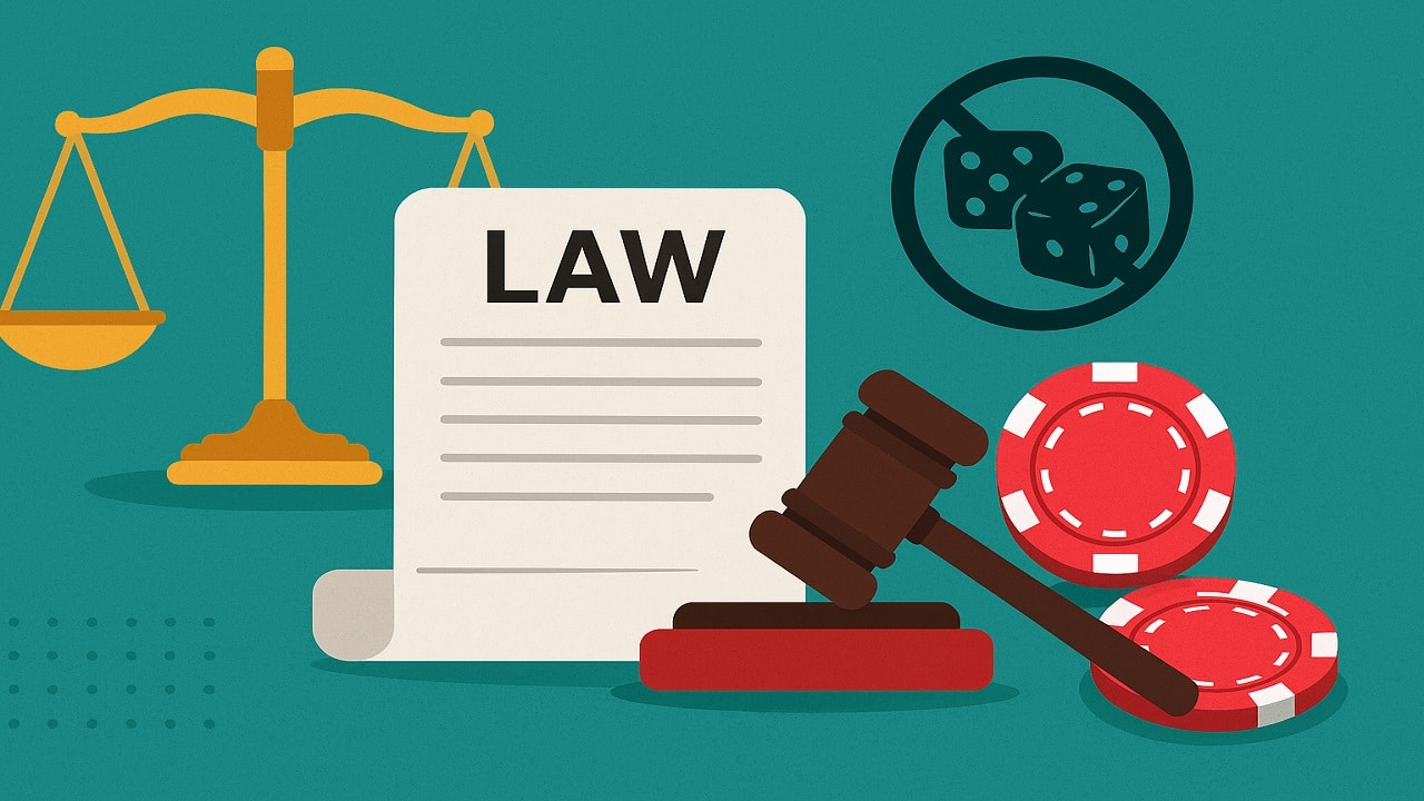 Illustration showing legal symbols, gambling chips, and a crossed-out dice icon, representing Odisha’s decision to remove jail terms for gambling offences.