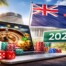 New Zealand flag with Parliament Beehive building and online casino gambling elements including laptop, roulette wheel, and 2026 road sig