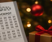 Lotto Max jackpot ticket with Christmas decorations highlighting holiday lottery syndicate safety concerns