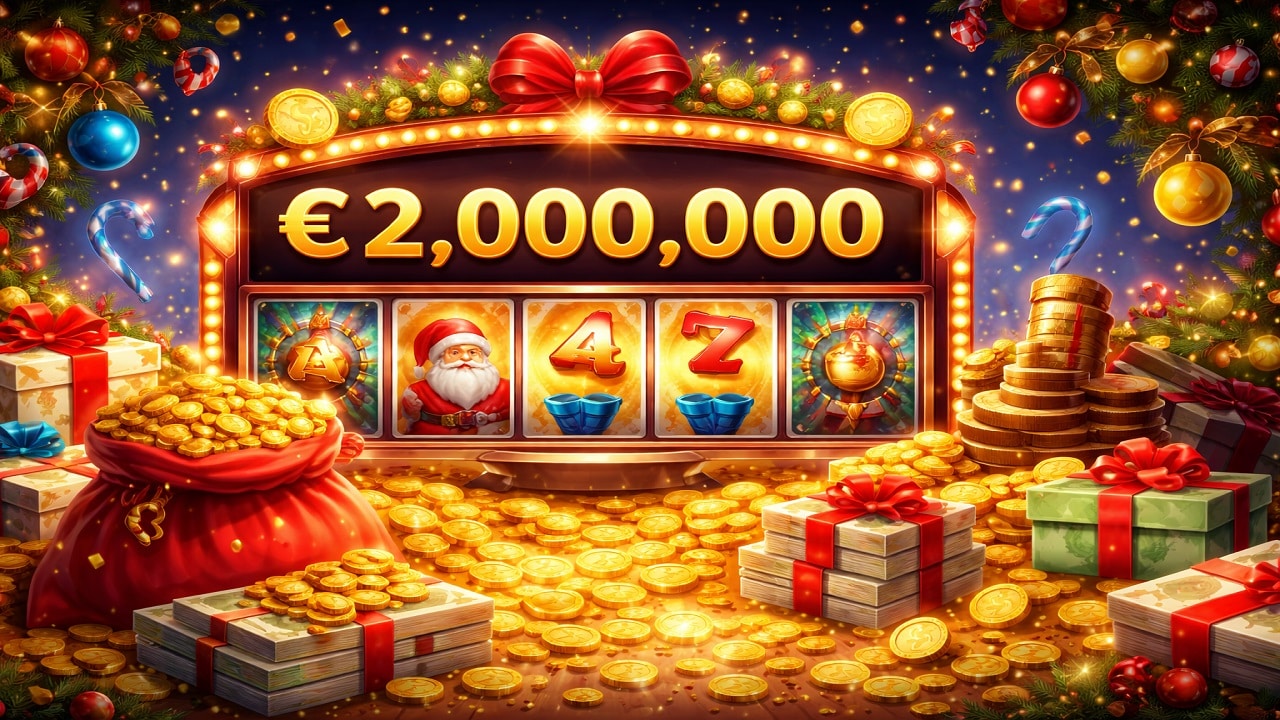 Festive online slot machine celebrating a €2 million progressive jackpot win with Christmas decorations and gold coins