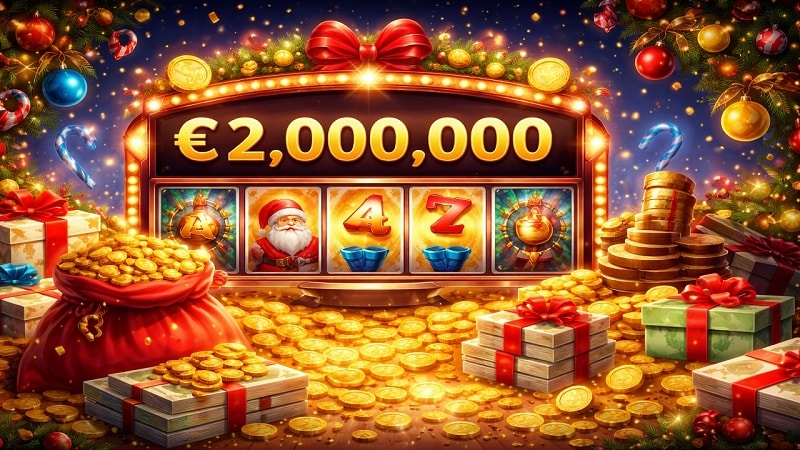 Progressive jackpot slots online – €2 million Christmas win Festive online slot machine celebrating a €2 million progressive jackpot win with Christmas decorations and gold coins