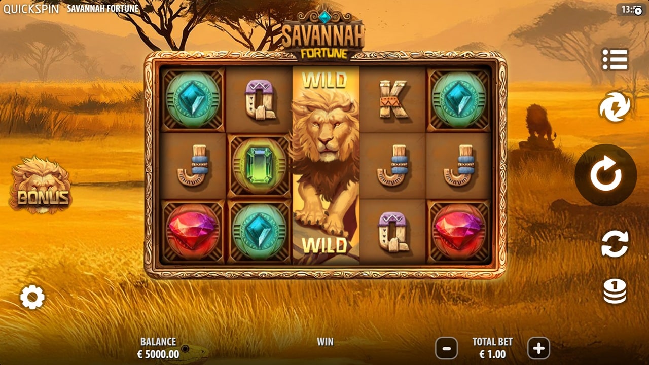 Savannah Fortune Slot Game | Quickspin – Weekly Review Savannah Fortune slot game screenshot showing African savannah theme with lion wild symbols and gemstone reels - Quickspin