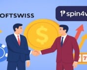 Illustration of SOFTSWISS and 1spin4win partnership shown through two businesspeople shaking hands with casino elements in the background