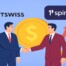 Illustration of SOFTSWISS and 1spin4win partnership shown through two businesspeople shaking hands with casino elements in the background