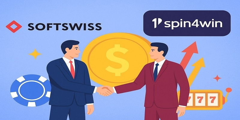 SOFTSWISS and 1spin4win Partnership Illustration Illustration of SOFTSWISS and 1spin4win partnership shown through two businesspeople shaking hands with casino elements in the background.