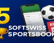 SOFTSWISS Sportsbook 5-year anniversary graphic featuring mobile betting interface, trophy and football icons.