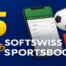 SOFTSWISS Sportsbook 5-year anniversary graphic featuring mobile betting interface, trophy and football icons.