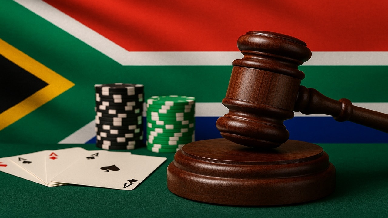 South African flag with judge's gavel, casino chips, and playing cards representing proposed 20% online gambling tax