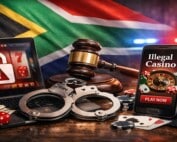 South African flag with handcuffs, gavel, and illegal casino imagery on mobile phone depicting gambling law enforcement warning