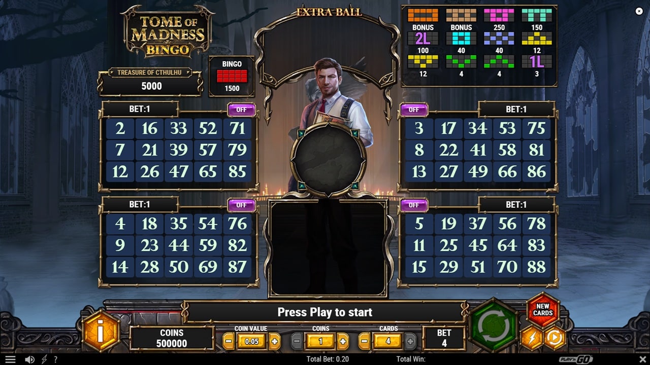 Tome of Madness Bingo Slot Game | Play’n GO – Weekly Review Tome of Madness Bingo slot game screenshot showing four bingo cards with Lovecraftian theme and extra ball bonus features - Play'n GO