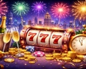 New Year casino celebration with slot machine, fireworks, champagne and gold coins